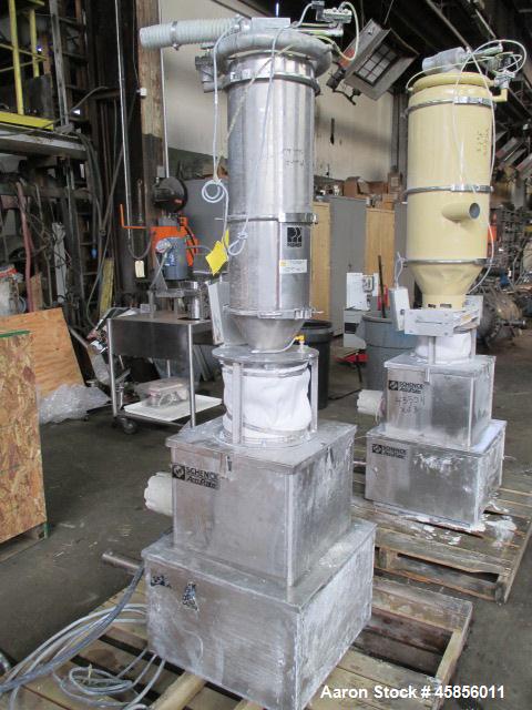 Used Schenk Accurate Volumetric Feeder, Type, MOD602M. Stainless steel screw and spout, 2.25" diameter x 21" long spout with screw, driven by approximately 0.25hp DC motor, stainless steel hopper ext...
