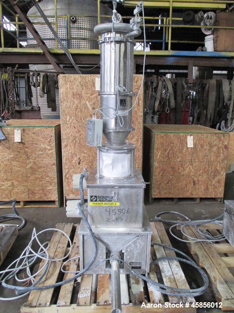 Used Schenk Accurate Volumetric Feeder, Type MOD602M. Stainless steel screw and spout, 2.25" diameter x 21" long spout with screw, driven by approximately 0.25hp DC motor, stainless steel hopper exte...
