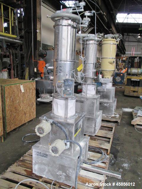Used Schenk Accurate Volumetric Feeder, Type MOD602M. Stainless steel screw and spout, 2.25" diameter x 21" long spout with screw, driven by approximately 0.25hp DC motor, stainless steel hopper exte...