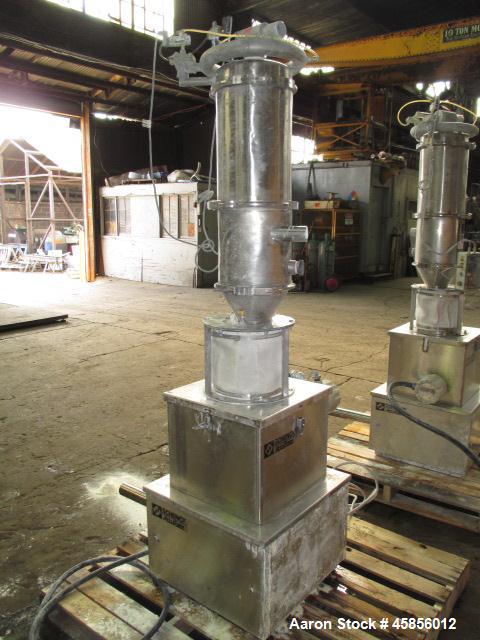 Used Schenk Accurate Volumetric Feeder, Type MOD602M. Stainless steel screw and spout, 2.25" diameter x 21" long spout with screw, driven by approximately 0.25hp DC motor, stainless steel hopper exte...