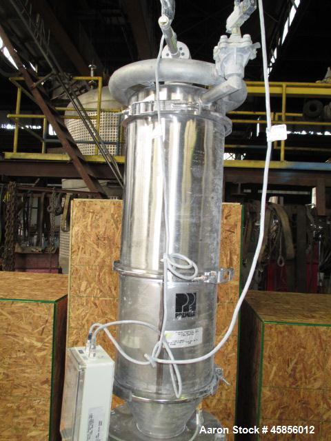 Used Schenk Accurate Volumetric Feeder, Type MOD602M. Stainless steel screw and spout, 2.25" diameter x 21" long spout with screw, driven by approximately 0.25hp DC motor, stainless steel hopper exte...