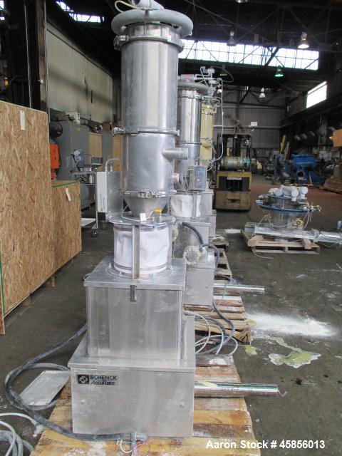 Used Schenk Accurate Volumetric Feeder, Type MOD602M. Stainless steel screw and spout, 2.25" diameter x 21" long spout with screw, driven by approximately 0.25 hp DC motor, stainless steel hopper ext...