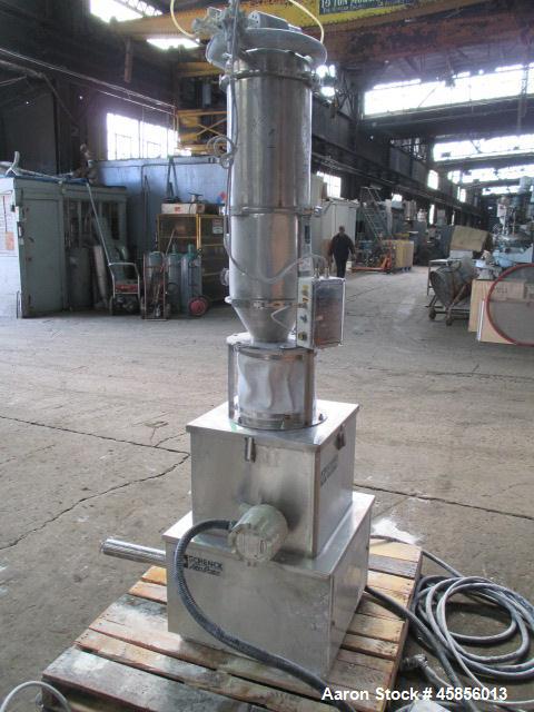 Used Schenk Accurate Volumetric Feeder, Type MOD602M. Stainless steel screw and spout, 2.25" diameter x 21" long spout with screw, driven by approximately 0.25 hp DC motor, stainless steel hopper ext...