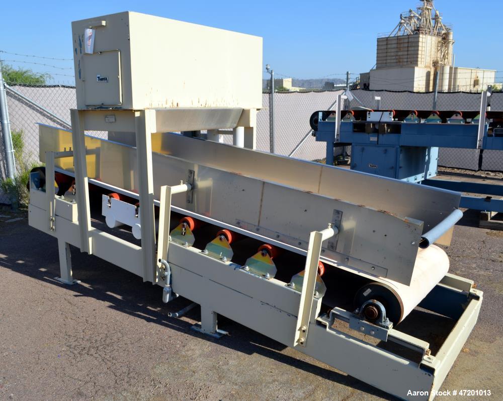 Used Thayer Scale M Series Low Density Weigh Belt Feeder, Model M-36T. Capacity 4000 pounds an hour. Approximate 36" wide x 120" long belt, driven by a 1/2hp, 3/60/230/460 volt, 1725 rpm gear motor, ...