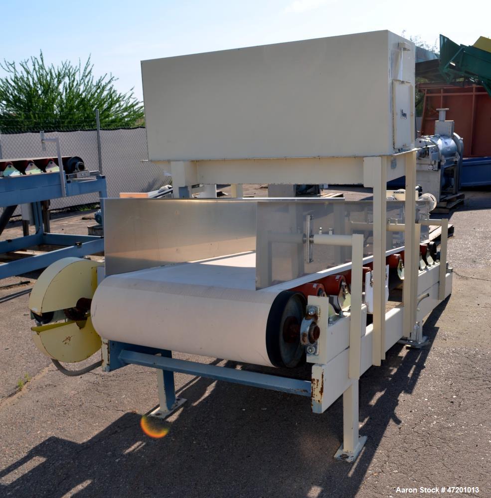 Used Thayer Scale M Series Low Density Weigh Belt Feeder, Model M-36T. Capacity 4000 pounds an hour. Approximate 36" wide x 120" long belt, driven by a 1/2hp, 3/60/230/460 volt, 1725 rpm gear motor, ...