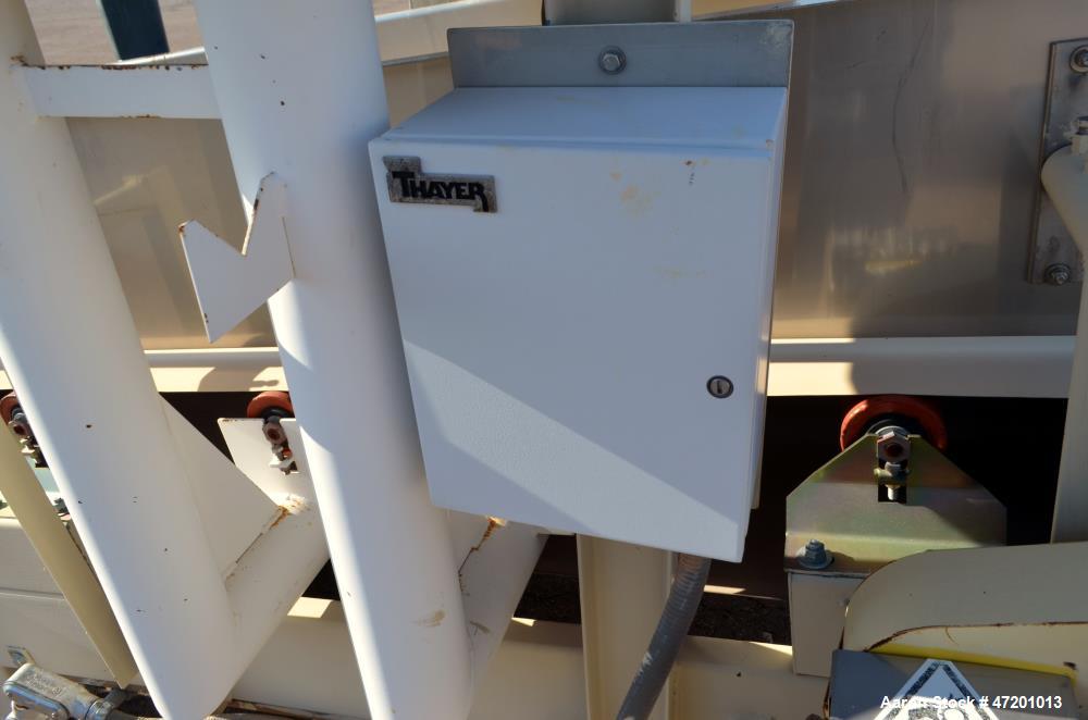 Used Thayer Scale M Series Low Density Weigh Belt Feeder, Model M-36T. Capacity 4000 pounds an hour. Approximate 36" wide x 120" long belt, driven by a 1/2hp, 3/60/230/460 volt, 1725 rpm gear motor, ...