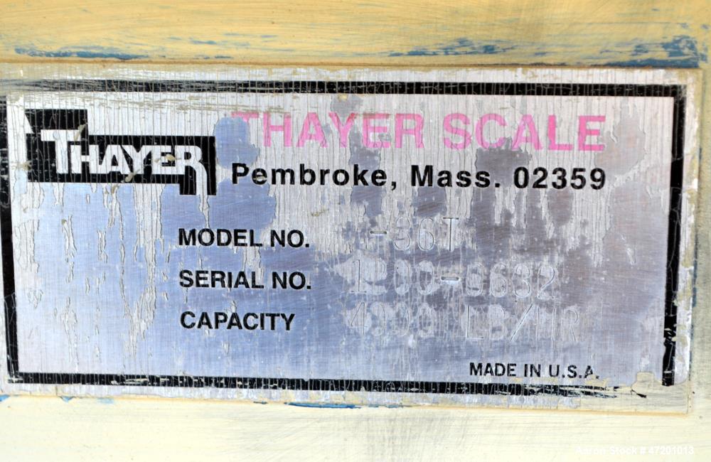 Used Thayer Scale M Series Low Density Weigh Belt Feeder, Model M-36T. Capacity 4000 pounds an hour. Approximate 36" wide x 120" long belt, driven by a 1/2hp, 3/60/230/460 volt, 1725 rpm gear motor, ...