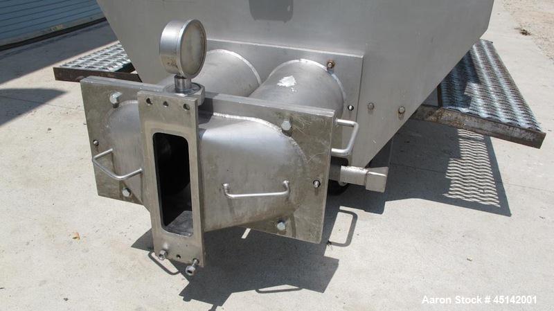 Used Volumetric Twin Screw Feeder.  Stainless steel twin screw feeder with agitator screw.  Screws driven by Eurodrive 3/4 hp each.  Hopper is 45" x 50" long x 48" deep.  Mounted on sub-frame with ca...