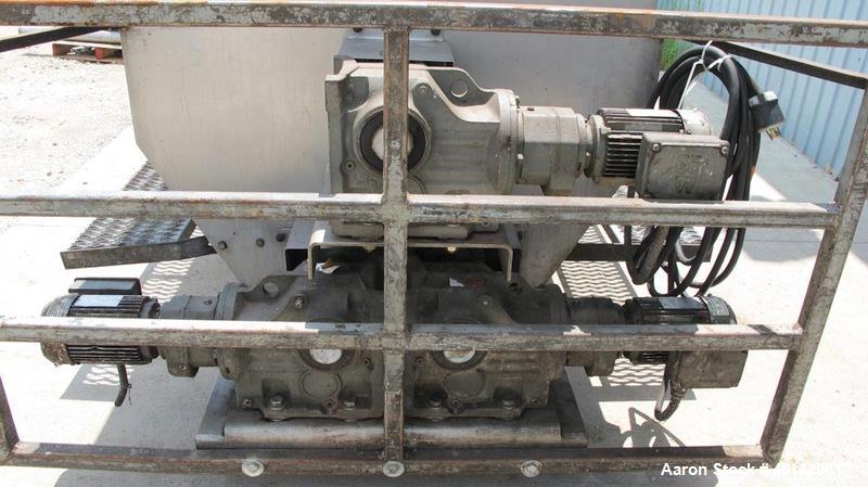 Used Volumetric Twin Screw Feeder.  Stainless steel twin screw feeder with agitator screw.  Screws driven by Eurodrive 3/4 hp each.  Hopper is 45" x 50" long x 48" deep.  Mounted on sub-frame with ca...