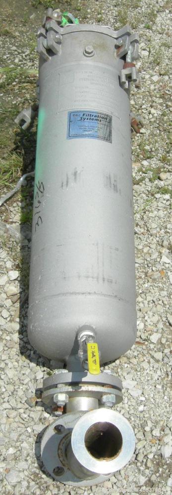 Used Filtration Systems Basket Strainer Filter, 316 stainless steel. Chamber approximately 8" diameter x 29" deep. Flat bolt down top cover, rated 150 at 450 deg.f.. 2" inlet/outlet. Removable basket...