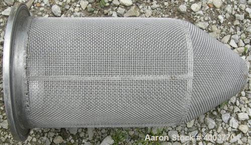 Used Basket Strainer Filter, 316 Stainless Steel. Jacketed chamber approximately 8 1/2" diameter x 17 1/2" deep. Flat bolt down top cover. 2" inlet/outlet. Removable basket 7" diameter x 14" deep.