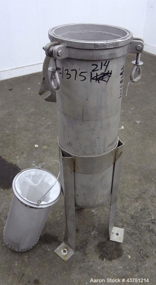 Used Basket Filter, 7 Gallon Capacity, 301 Stainless Steel, Vertical. Approximately 8-1/2” diameter x 28" deep housing, bolt- on top cover, 7-1/2” diameter x 15” deep removable basket. 2" Inlet/outle...