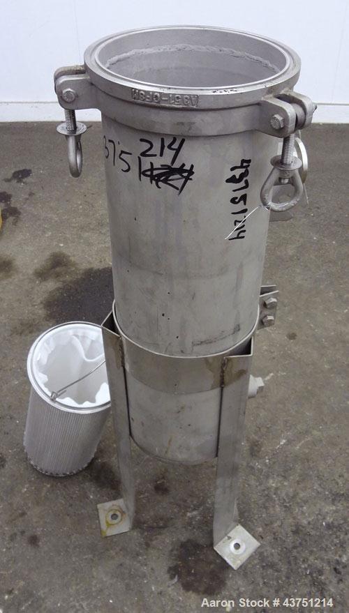 Used Basket Filter, 7 Gallon Capacity, 301 Stainless Steel, Vertical. Approximately 8-1/2” diameter x 28" deep housing, bolt- on top cover, 7-1/2” diameter x 15” deep removable basket. 2" Inlet/outle...