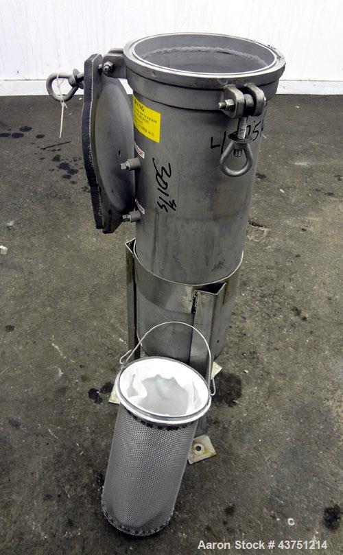 Used Basket Filter, 7 Gallon Capacity, 301 Stainless Steel, Vertical. Approximately 8-1/2” diameter x 28" deep housing, bolt- on top cover, 7-1/2” diameter x 15” deep removable basket. 2" Inlet/outle...