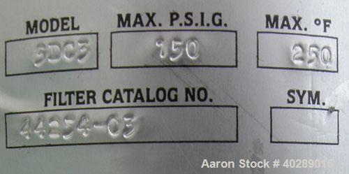 Unused-Cuno cartridge type filter, model 5DC3, 304 stainless steel. Approximate 1 square foot filter area. 8" diameter x 31" deep. Vertical housing rated 150 psi at 250 deg F. Clamp top cover, approx...