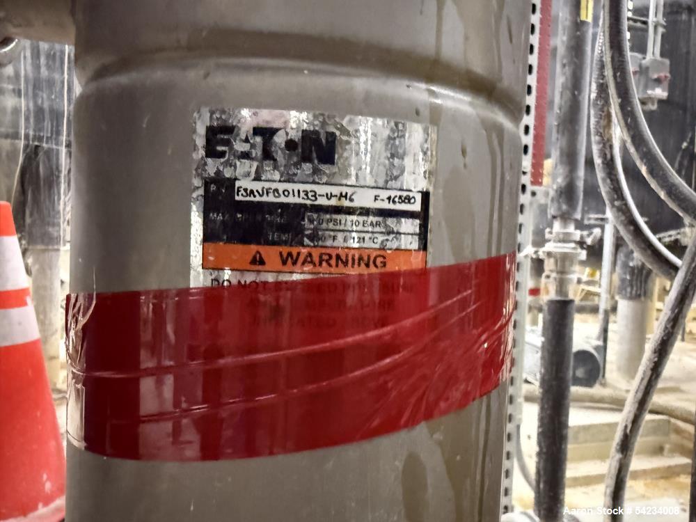 Used Eaton FLOWLINE Single Bag Stainless Steel Filter Housing. Part# F3AVFB01033. (1) Filter bag. Filter bag size #2 - 7" diameter x 32" long. 3" Inlet / outlets. Rated 150psi at 250 degrees F.