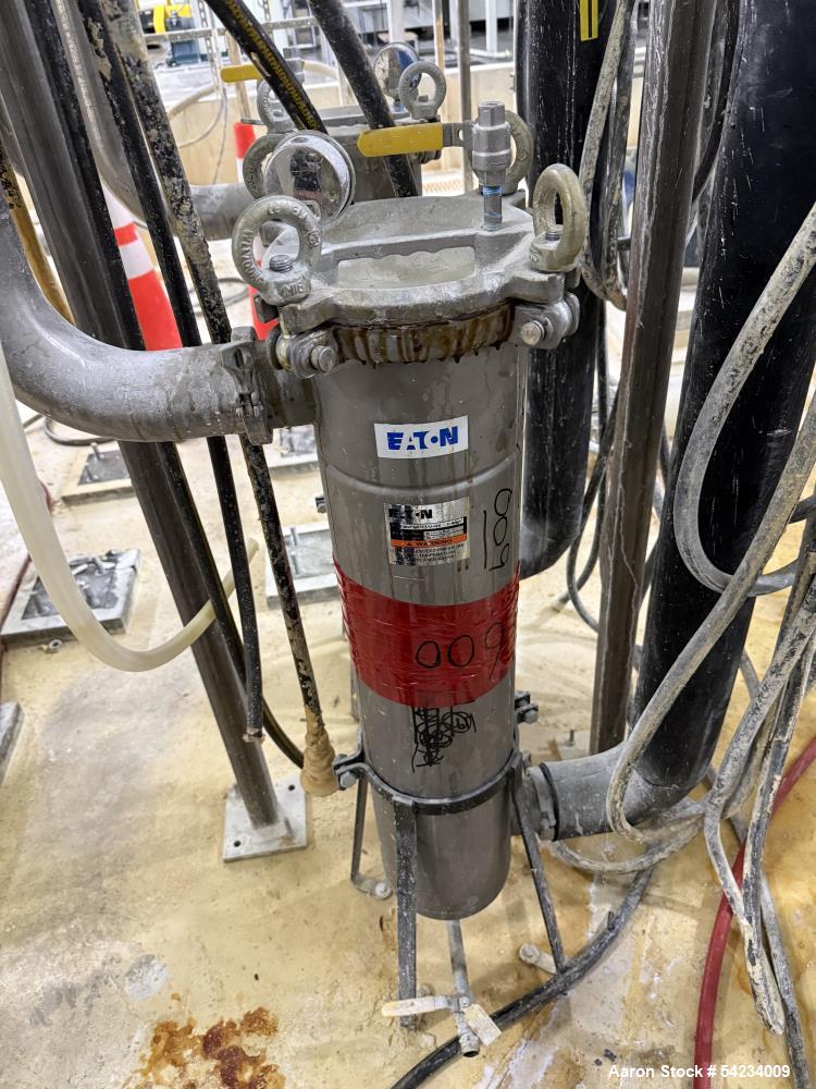 Used Eaton Stainless Steel FLOWLINE Single Bag Filter Housing. Part# F3AVFB01033. (1) Filter bag. Filter bag size #2 - 7" diameter x 32" long. 3" Inlet / outlets. Rated 150psi at 250 degrees F.