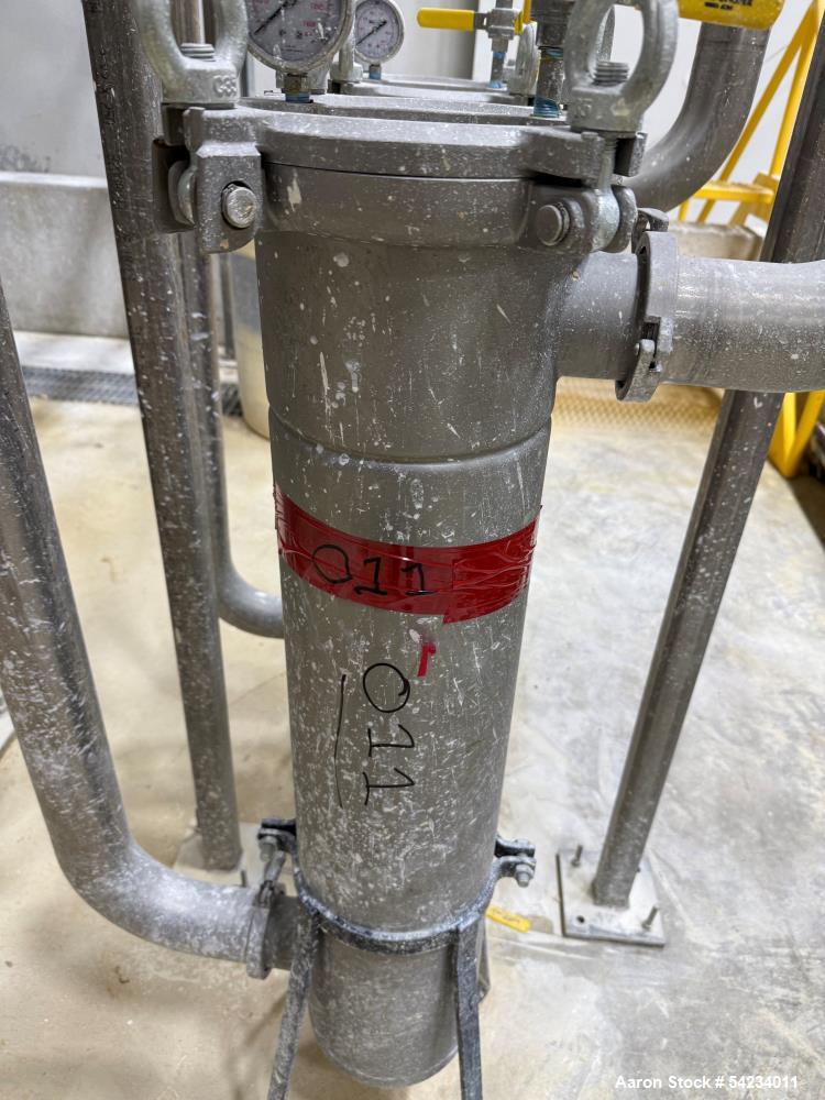 Used Eaton FLOWLINE Single Bag Filter Housing, Stainless Steel. Part# F3AVFB01033. (1) Filter bag. Filter bag size #2 - 7" diameter x 32" long. 3" Inlet / outlets. Rated 150psi at 250 degrees F.
