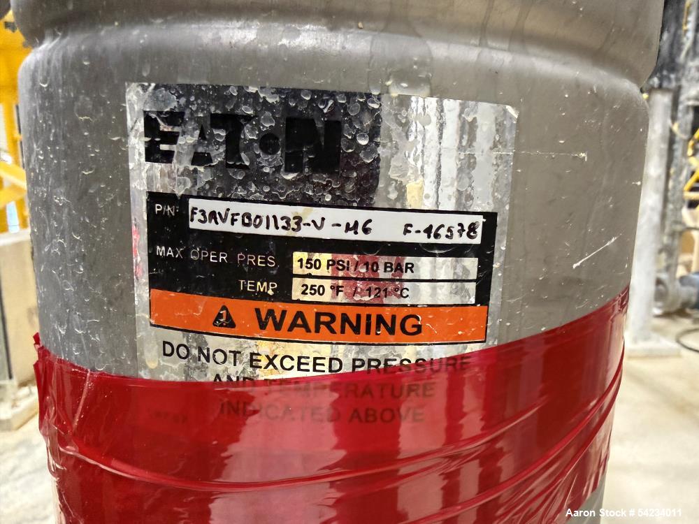 Used Eaton FLOWLINE Single Bag Filter Housing, Stainless Steel. Part# F3AVFB01033. (1) Filter bag. Filter bag size #2 - 7" diameter x 32" long. 3" Inlet / outlets. Rated 150psi at 250 degrees F.