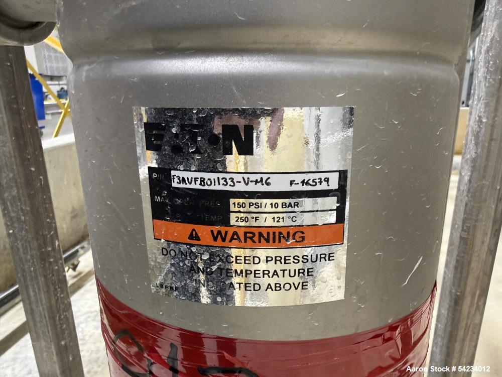 Used Eaton FLOWLINE Single Bag Filter Housing, Part# F3AVFB01033. Stainless Steel. 1 Filter bag. Filter bag size #2 - 7" diameter x 32" long. 3" Inlet / outlets. Rated 150psi at 250 degrees F.