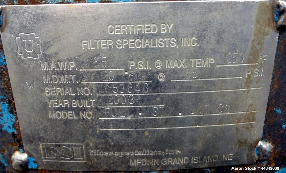 Used Filter Specialist Inc. FSI Multi-Bag Liquid Filter Vessel, 79.2 Square Feet Surface Area, 3600 Gallons Per Minute Flow Rate, Model FSPZ-4210, 316L Stainless Steel. Approximate 42" diameter x 28"...