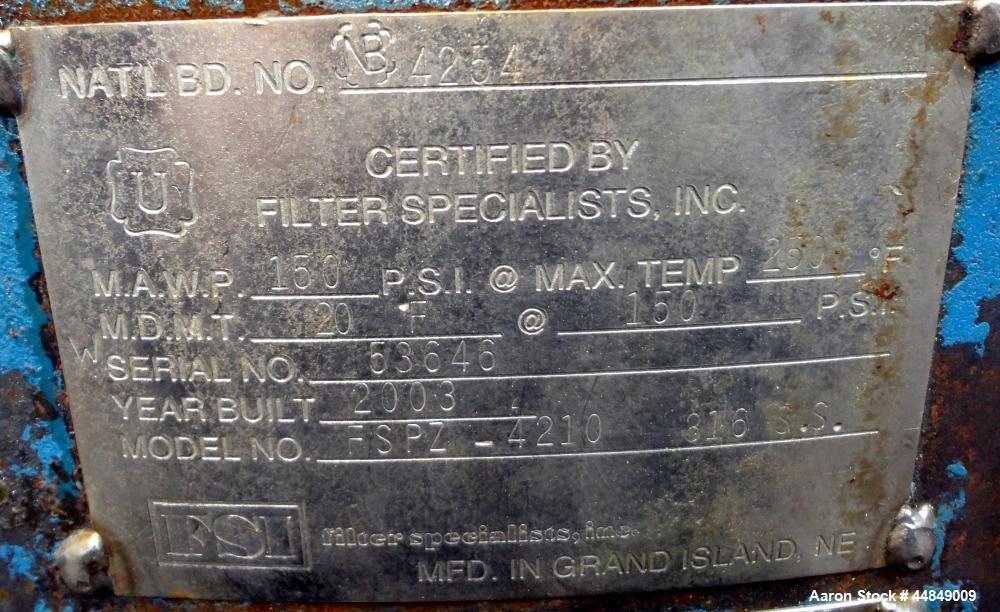 Used Filter Specialist Inc. FSI Multi-Bag Liquid Filter Vessel, 79.2 Square Feet Surface Area, 3600 Gallons Per Minute Flow Rate, Model FSPZ-4210, 316L Stainless Steel. Approximate 42" diameter x 28"...