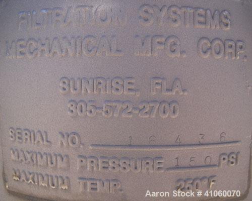 Used Filtration Systems Mesh Basket Filter, Model CF-8M, 316 Stainless Steel. (.50) cubic feet, rated up to 110 gallons per minute. Approximate 8 1/2" diameter x 15" deep vessel, internal rated 150 p...