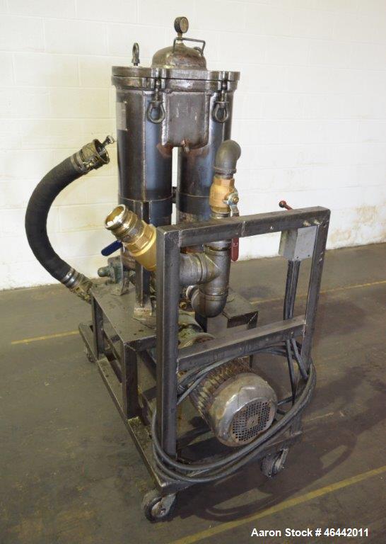 Used FSI Filter Specialists Double-Barreled Bag Filter, Model FSP-250, Carbon steel. Approximate 8.8 square feet surface area, maximum flow rate 150 gallons per minute. Each chamber approximate 8" di...