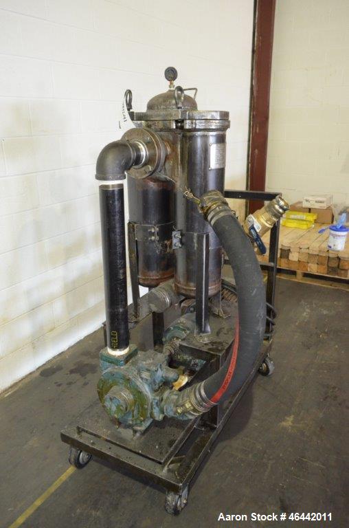 Used FSI Filter Specialists Double-Barreled Bag Filter, Model FSP-250, Carbon steel. Approximate 8.8 square feet surface area, maximum flow rate 150 gallons per minute. Each chamber approximate 8" di...