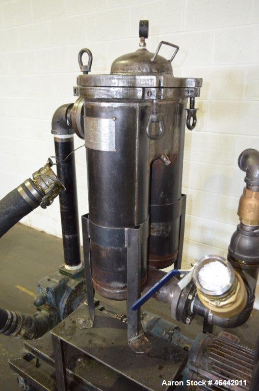 Used FSI Filter Specialists Double-Barreled Bag Filter, Model FSP-250, Carbon steel. Approximate 8.8 square feet surface area, maximum flow rate 150 gallons per minute. Each chamber approximate 8" di...