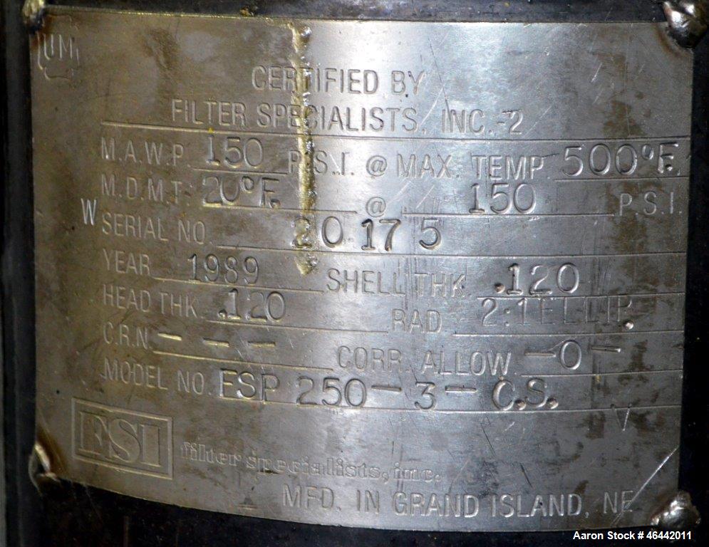 Used FSI Filter Specialists Double-Barreled Bag Filter, Model FSP-250, Carbon steel. Approximate 8.8 square feet surface area, maximum flow rate 150 gallons per minute. Each chamber approximate 8" di...