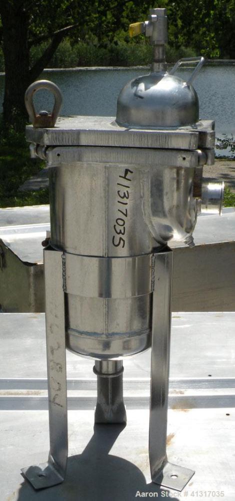 Used Filter Specialists Basket Filter, Part Number F.S.P. 40-1-316SS, 316 Stainless Steel. 8" diameter x 16" deep. No basket. Rated 150 psi at 200 deg F. 1" NPT inlet, 2" tri-clamp center bottom outl...