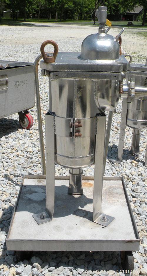 Used Filter Specialists Basket Filter, Part Number F.S.P. 40-1-316SS, 316 Stainless Steel. 8" diameter x 16" deep. No basket. Rated 150 psi at 200 deg F. 1" NPT inlet, 2" tri-clamp center bottom outl...
