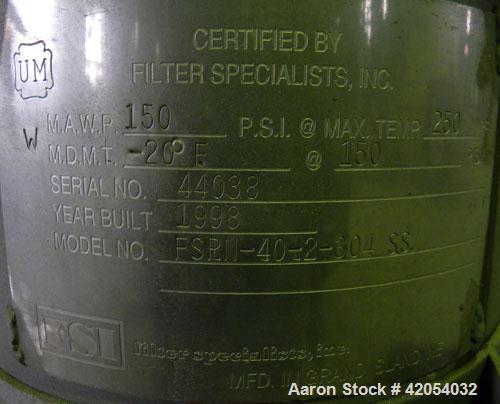 Used Filter Specialists Single Bag Filter, Model FSPN-40-2-304SS, 2 square feet filter area, 304 Stainless Steel. 6" diameter x 12" deep removable basket. Vessel rated 150 psi at –20 to 250 deg.f.. 9...