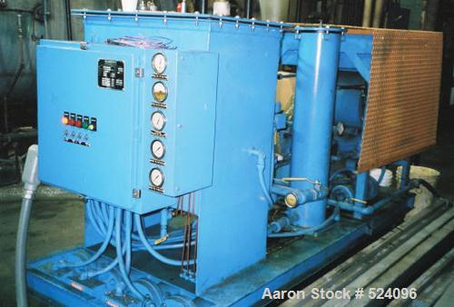 USED: Filterdyne portable oil cleaning system consisting of an inlet 5 micron cartridge filter, vacuum chamber, outlet 5 micron cartridge filter, air to liquid heat exchanger, water sealed vacuum pum...