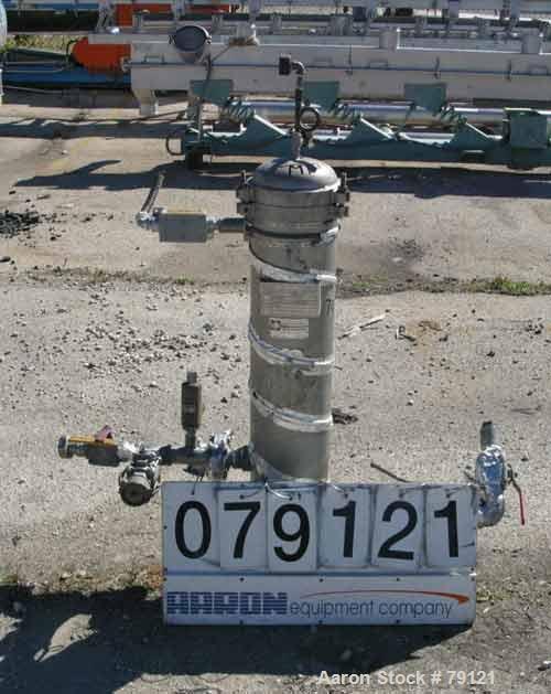 USED: Filterite cartridge filter, model 18FM03A-2, 304 stainless steel. 8-1/4" diameter x 37" straight side, 5 cartridge filters. Liquid flow rate up to 90 gallons per minute. 2" NPT inlet/outlet. Ra...