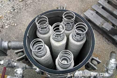 USED: Filterite cartridge filter, model 18FM03A-2, 304 stainless steel. 8-1/4" diameter x 37" straight side, 5 cartridge filters. Liquid flow rate up to 90 gallons per minute. 2" NPT inlet/outlet. Ra...