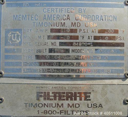 Used Filterite Cartridge Filter, Model 935563, Type 220MSO4-316L-6FOLD-C150, 316L Stainless Steel. Approximately 24" diameter x 53" straight side, clamped dished top, dished bottom, rated 150 PSI at ...