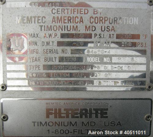 Used Filterite Cartridge Filter, Model 935563, type 220MSO4-316L-6FOLD-C150, 316L stainless steel. Approximately 24" diameter x 53" straight side, clamped dished top, dished bottom, rated 150 psi at ...