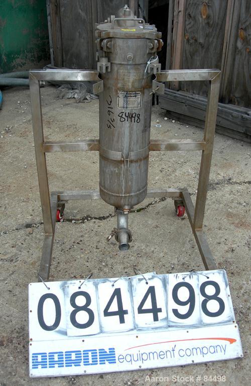 USED: Filtration Systems liquid mesh basket filter, model CF-8M, 316 stainless steel. Rated approx 220 gallons per minute. Non-jacketed housing 8" diameter x 28" deep. Rated 150 psi at 250 deg F. Sin...