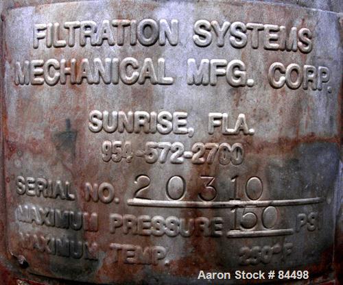 USED: Filtration Systems liquid mesh basket filter, model CF-8M, 316 stainless steel. Rated approx 220 gallons per minute. Non-jacketed housing 8" diameter x 28" deep. Rated 150 psi at 250 deg F. Sin...