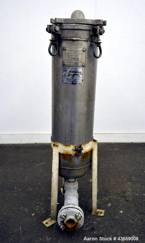 Used Filtration Systems Mesh Basket Filter, Stainless Steel. Rated up to approximate 220 gallons per minute. 304 Stainless steel housing Approximate 8-1/2” diameter x 29-1/2” deep, rated 150 psi at 2...