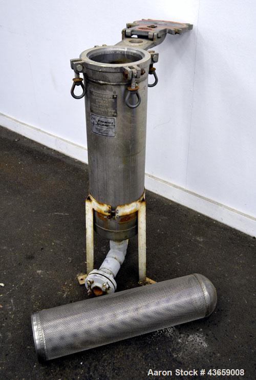 Used Filtration Systems Mesh Basket Filter, Stainless Steel. Rated up to approximate 220 gallons per minute. 304 Stainless steel housing Approximate 8-1/2” diameter x 29-1/2” deep, rated 150 psi at 2...