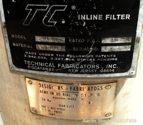Used Technical Fabricators inline filter, model I/0 500-2, 316 stainless steel. Jacketed chamber 12" diameter x 30" straight side. Dished bolt on top, dish bottom. Internal rated 150 psi, jacket 50 p...