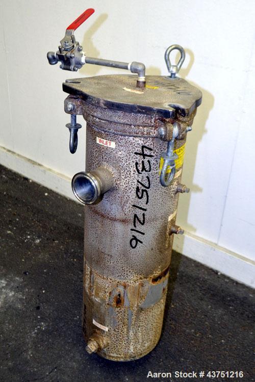 Used Krystal Klear Basket Filter, 7 Gallon Capacity, 321 Stainless Steel, Vertical. Approximately 8-1/2” diameter x 28" deep housing, bolt-on top cover, 8” diameter x 14” deep removable basket.  2" I...
