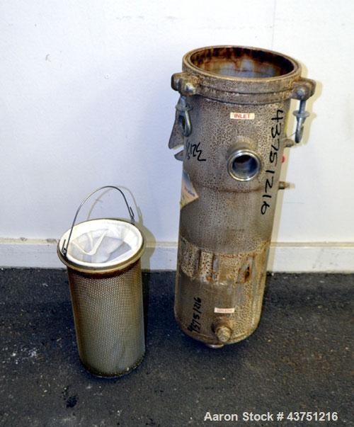 Used Krystal Klear Basket Filter, 7 Gallon Capacity, 321 Stainless Steel, Vertical. Approximately 8-1/2” diameter x 28" deep housing, bolt-on top cover, 8” diameter x 14” deep removable basket.  2" I...