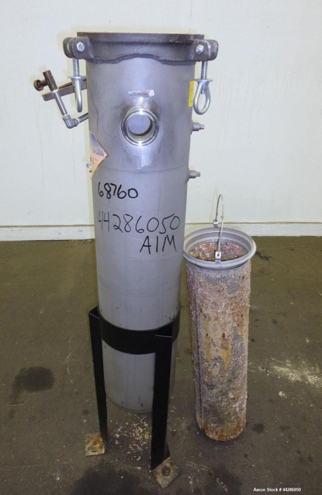 Used Krystil Klear Filtration Filter, 316 Stainless Steel. Rated approximate 150 psi at 300 degrees F. 8” Diameter 39” long. 2” Threaded inlet/outlet. Screw down top cover. Mounted on a carbon steel ...