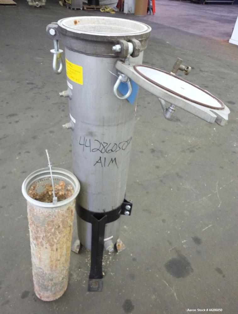 Used Krystil Klear Filtration Filter, 316 Stainless Steel. Rated approximate 150 psi at 300 degrees F. 8” Diameter 39” long. 2” Threaded inlet/outlet. Screw down top cover. Mounted on a carbon steel ...