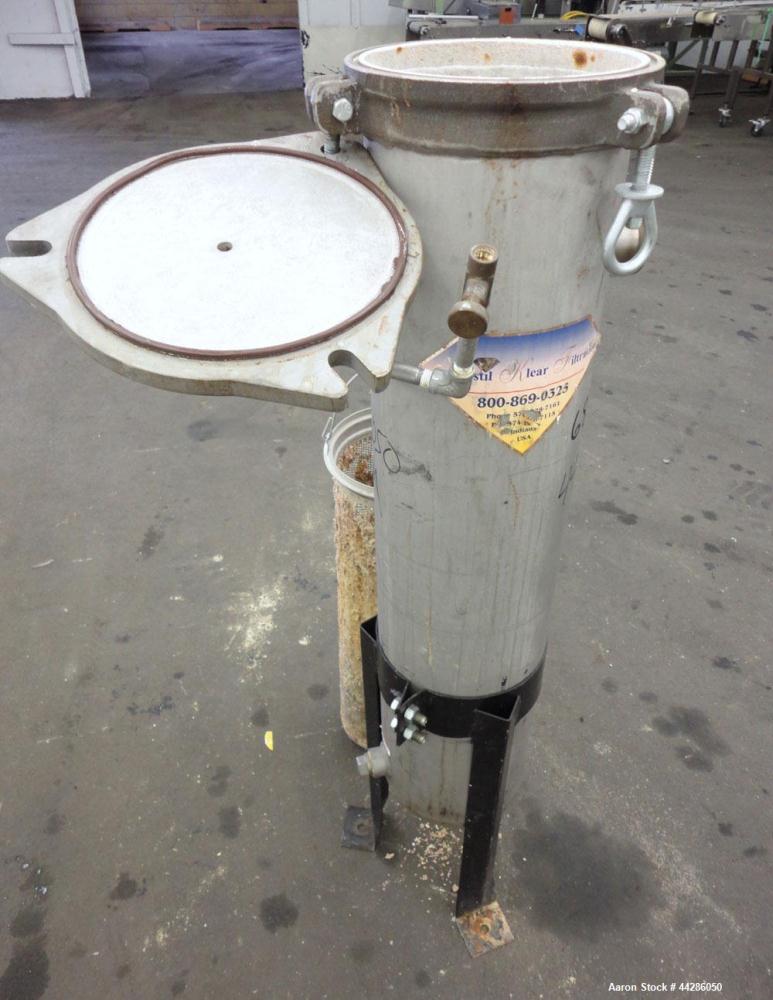 Used Krystil Klear Filtration Filter, 316 Stainless Steel. Rated approximate 150 psi at 300 degrees F. 8” Diameter 39” long. 2” Threaded inlet/outlet. Screw down top cover. Mounted on a carbon steel ...