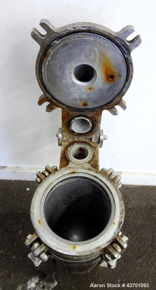 Used Mechanical Basket Filter, 3 Gallon Capacity, 316 Stainless Steel, Vertical. Approximately 8” diameter x 16" deep housing, bolt on top cover, 7-1/2” diameter x 14” deep removable basket. Rated 15...